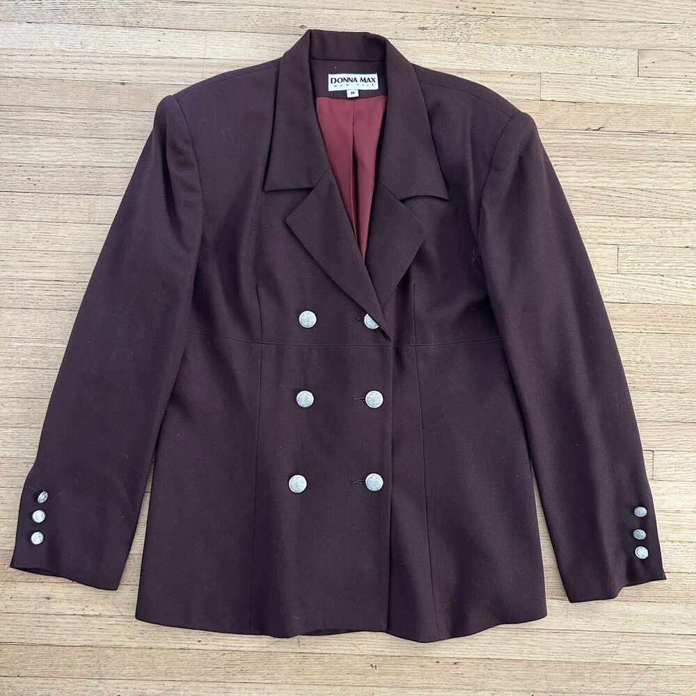 90s Donna Max Wool Blazer Brown Silver Etched buttons Size 14 Vintage
